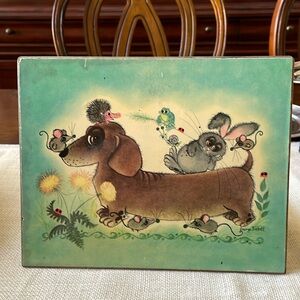 VTG 1960’s George Buckett Dachshund dog bunny & animal friends laminate picture